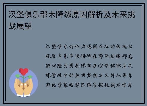 汉堡俱乐部未降级原因解析及未来挑战展望