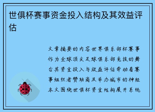 世俱杯赛事资金投入结构及其效益评估