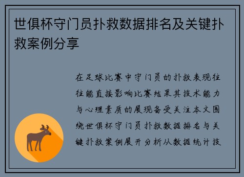 世俱杯守门员扑救数据排名及关键扑救案例分享