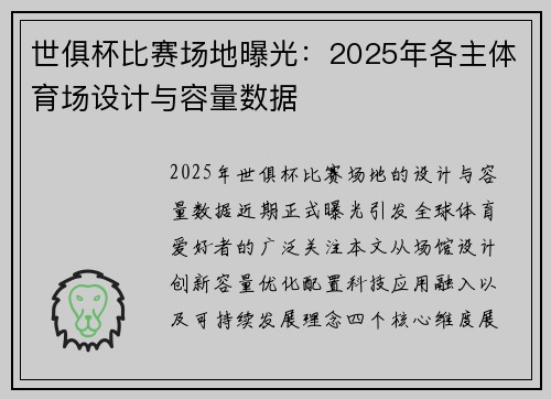 世俱杯比赛场地曝光：2025年各主体育场设计与容量数据